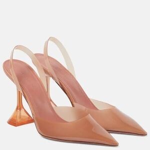 Amina Muaddi Nude Tan Pointed Slingback Heels